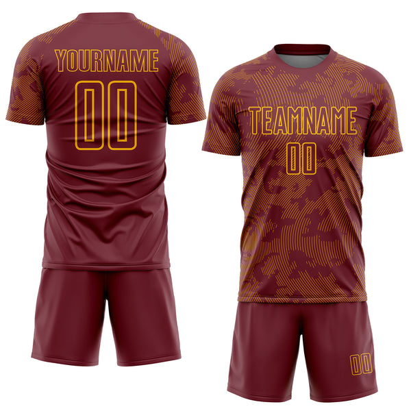 Custom Burgundy-Gold Curve Lines Sublimation Soccer Uniform Jersey
