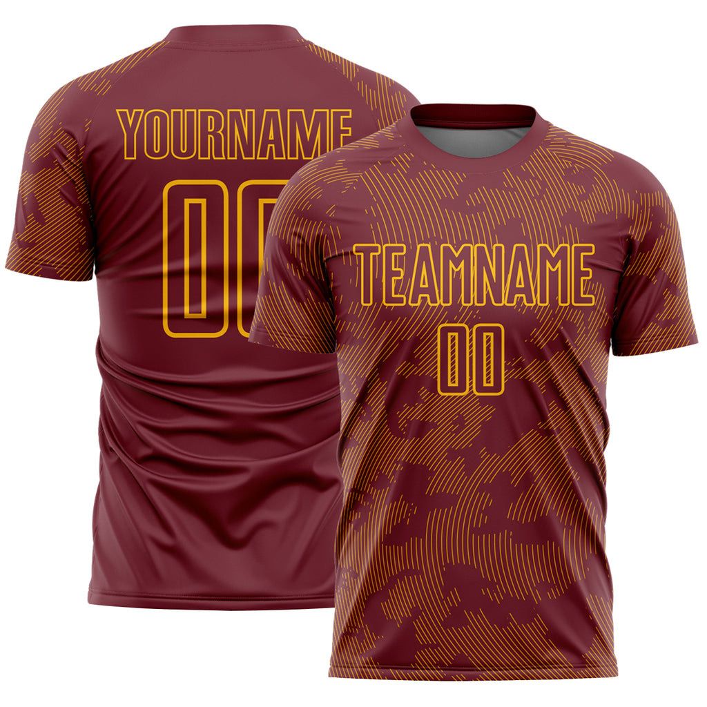 Custom Burgundy-Gold Curve Lines Sublimation Soccer Uniform Jersey