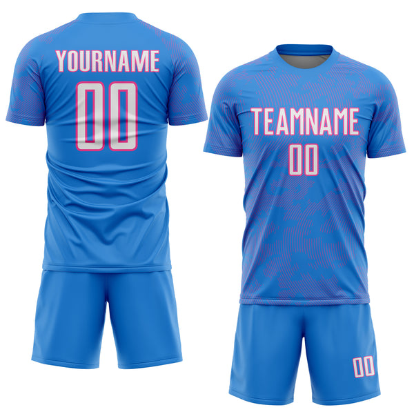 Custom Powder Blue White-Pink Curve Lines Sublimation Soccer Uniform Jersey