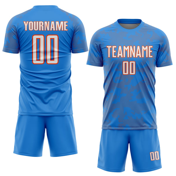Custom Powder Blue White-Orange Curve Lines Sublimation Soccer Uniform Jersey