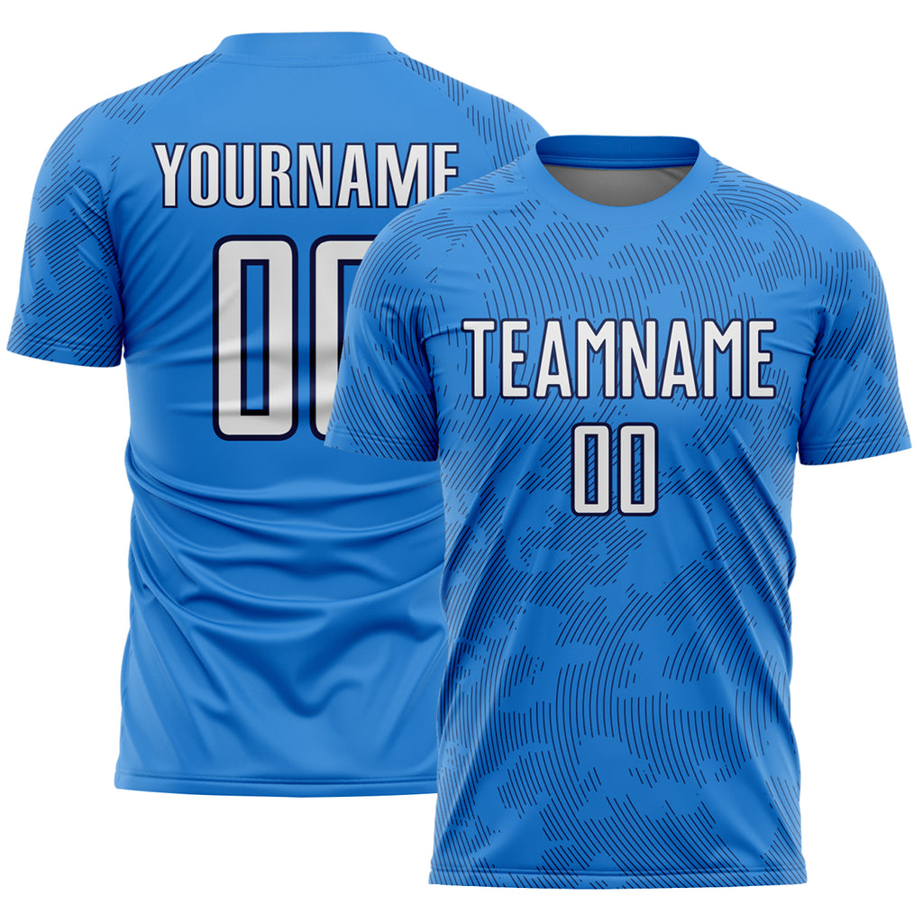 Custom Powder Blue White-Navy Curve Lines Sublimation Soccer Uniform Jersey