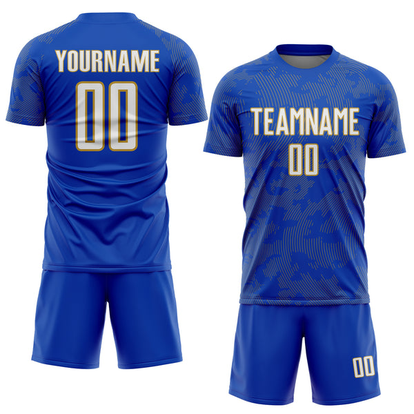 Custom Thunder Blue White-Old Gold Curve Lines Sublimation Soccer Uniform Jersey