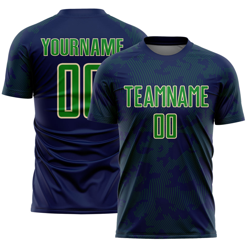 Custom Navy Grass Green-Cream Curve Lines Sublimation Soccer Uniform Jersey