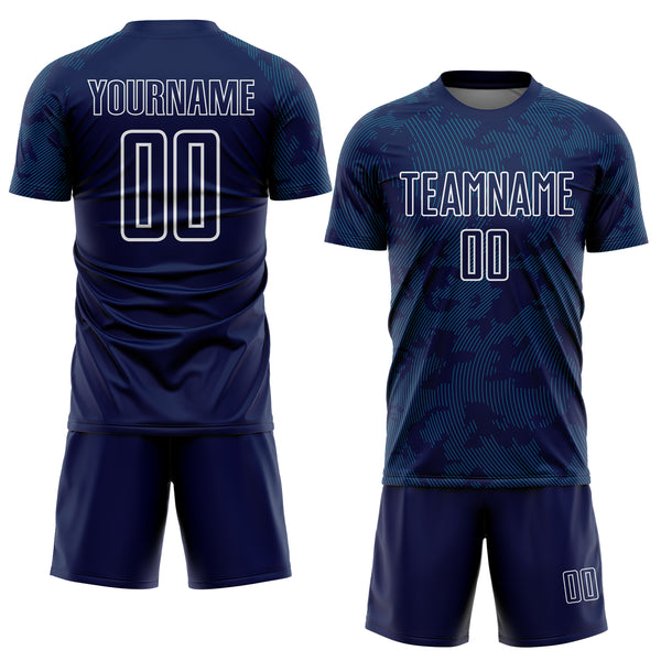 Custom Navy Teal-White Curve Lines Sublimation Soccer Uniform Jersey