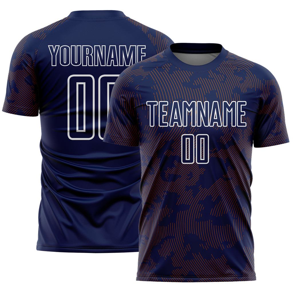 Custom Navy Texas Orange-White Curve Lines Sublimation Soccer Uniform Jersey