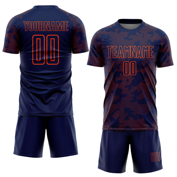 Custom Navy-Orange Curve Lines Sublimation Soccer Uniform Jersey