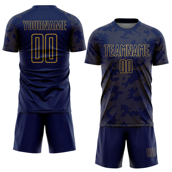 Custom Navy-Old Gold Curve Lines Sublimation Soccer Uniform Jersey