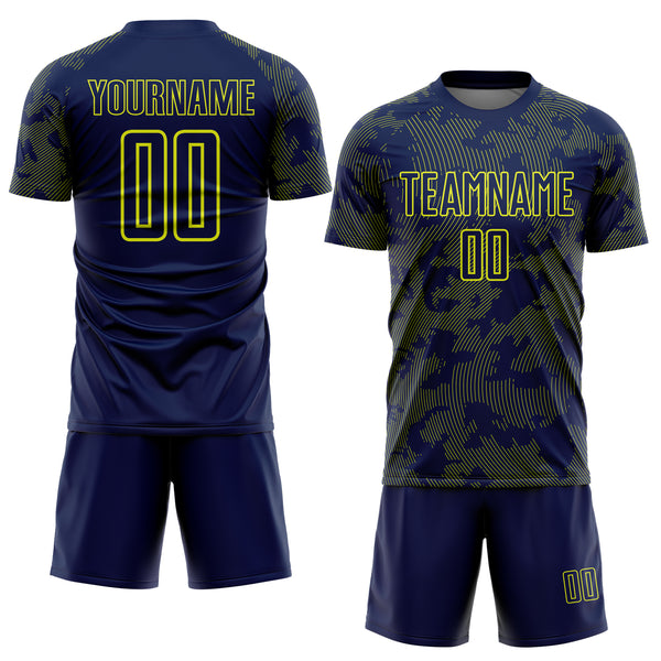Custom Navy-Neon Yellow Curve Lines Sublimation Soccer Uniform Jersey
