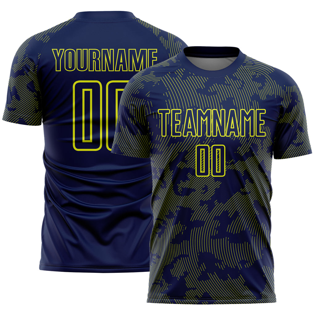 Custom Navy-Neon Yellow Curve Lines Sublimation Soccer Uniform Jersey