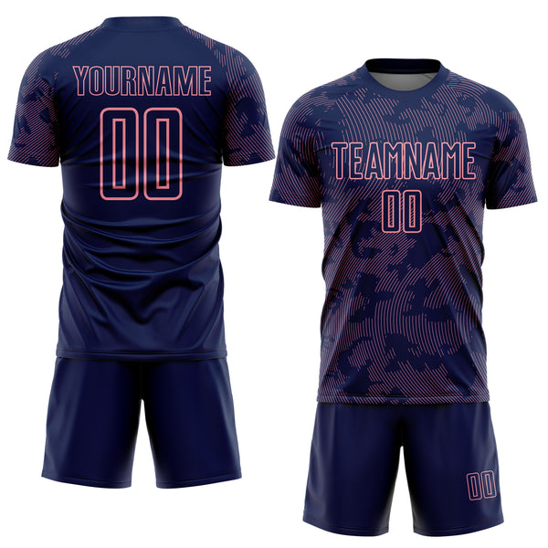 Custom Navy-Medium Pink Curve Lines Sublimation Soccer Uniform Jersey