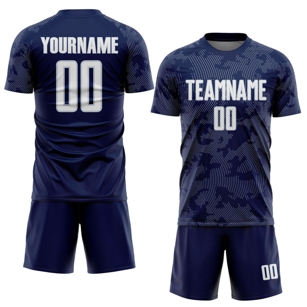 Custom Navy White-Silver Curve Lines Sublimation Soccer Uniform Jersey