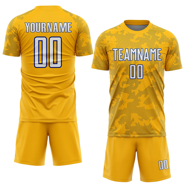 Custom Gold White-Royal Curve Lines Sublimation Soccer Uniform Jersey