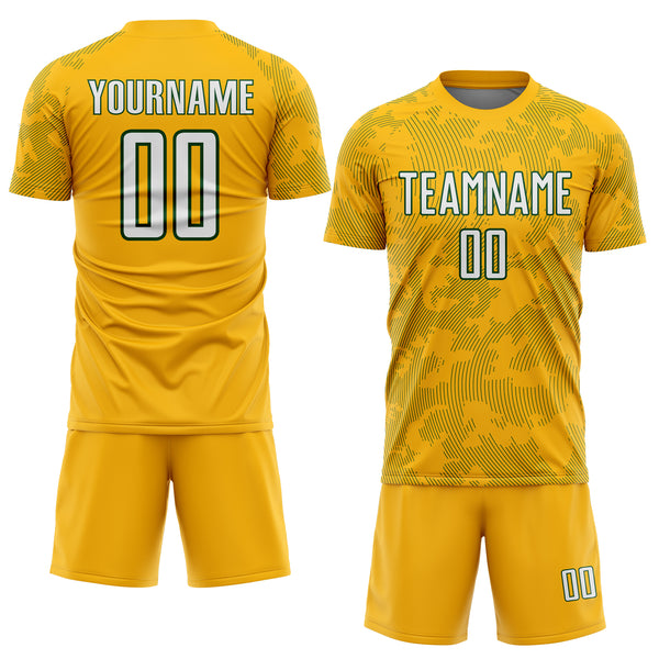 Custom Gold White-Green Curve Lines Sublimation Soccer Uniform Jersey
