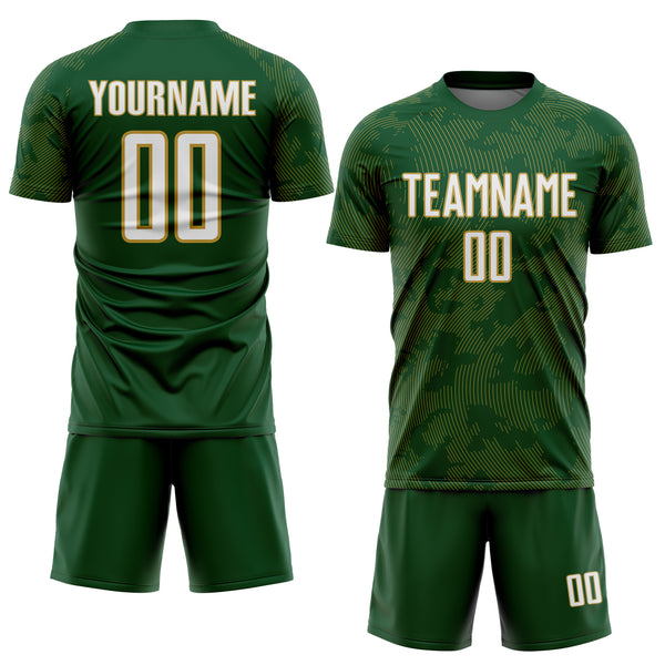 Custom Green White-Old Gold Curve Lines Sublimation Soccer Uniform Jersey