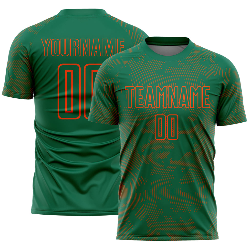 Custom Kelly Green-Orange Curve Lines Sublimation Soccer Uniform Jersey