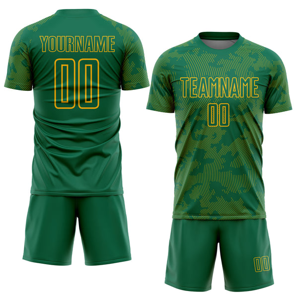 Custom Kelly Green-Gold Curve Lines Sublimation Soccer Uniform Jersey