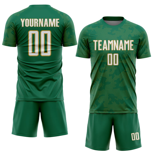 Custom Kelly Green White-Old Gold Curve Lines Sublimation Soccer Uniform Jersey