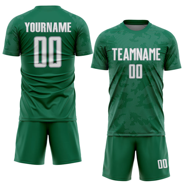 Custom Kelly Green White-Gray Curve Lines Sublimation Soccer Uniform Jersey