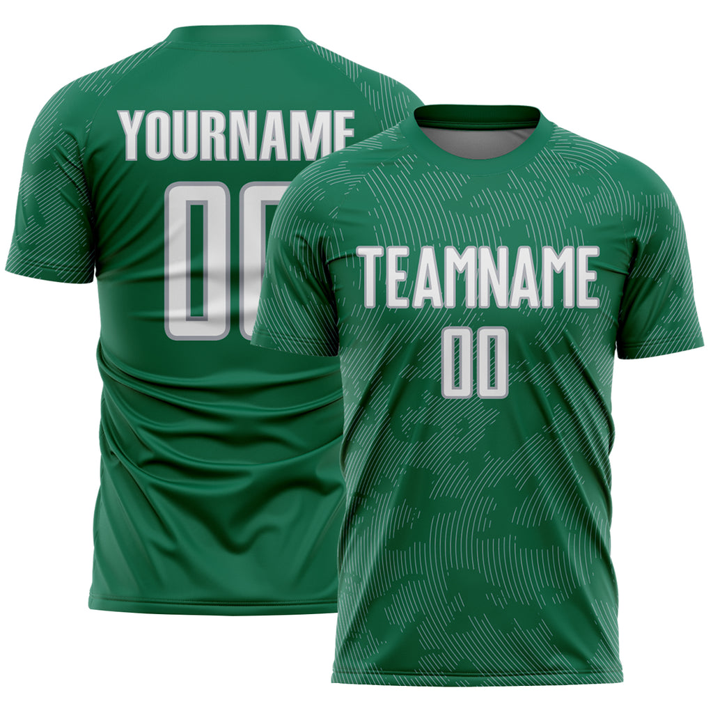 Custom Kelly Green White-Gray Curve Lines Sublimation Soccer Uniform Jersey