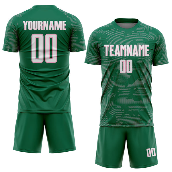 Custom Kelly Green White-Light Pink Curve Lines Sublimation Soccer Uniform Jersey
