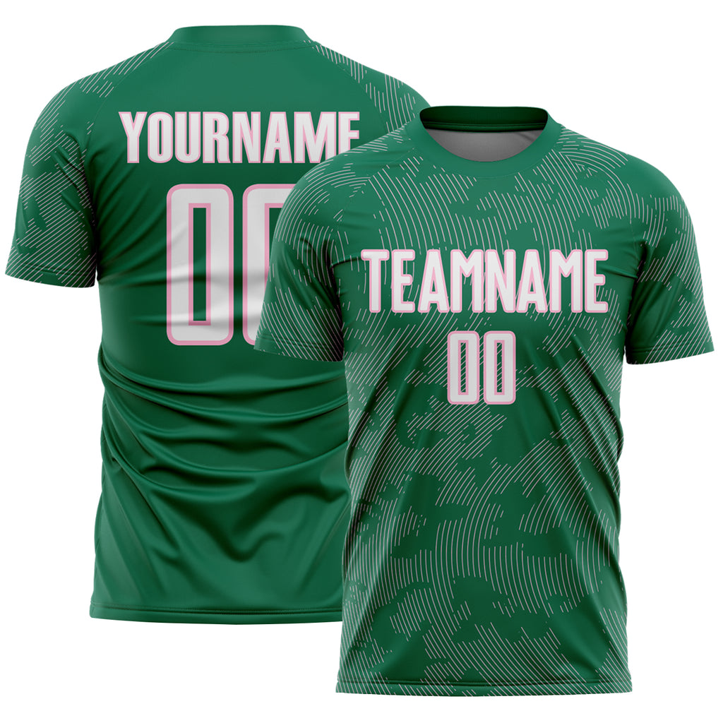 Custom Kelly Green White-Light Pink Curve Lines Sublimation Soccer Uniform Jersey