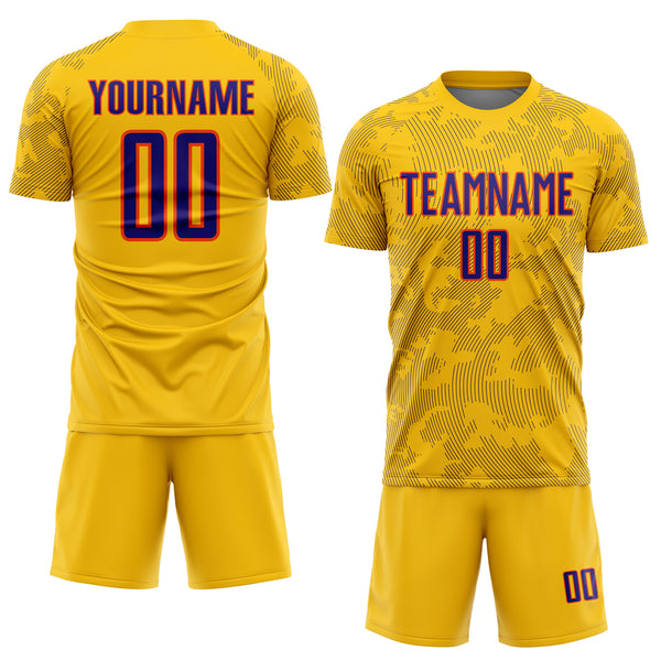 Custom Yellow Dark Purple-Orange Curve Lines Sublimation Soccer Uniform Jersey