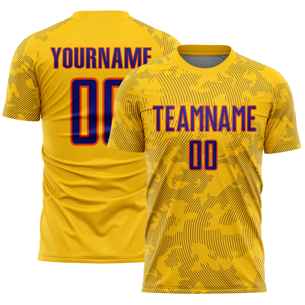 Custom Yellow Dark Purple-Orange Curve Lines Sublimation Soccer Uniform Jersey