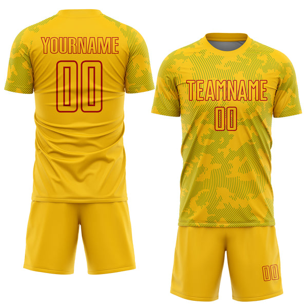 Custom Yellow Grass Green-Red Curve Lines Sublimation Soccer Uniform Jersey
