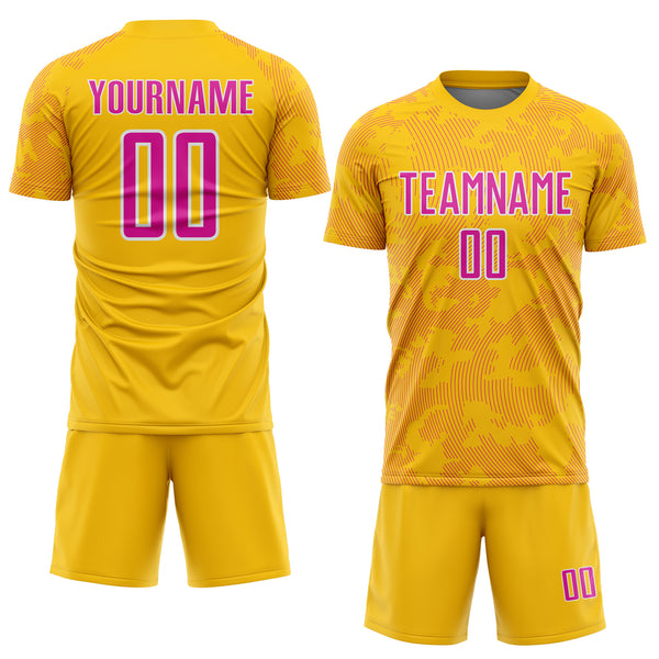 Custom Yellow Deep Pink-White Curve Lines Sublimation Soccer Uniform Jersey