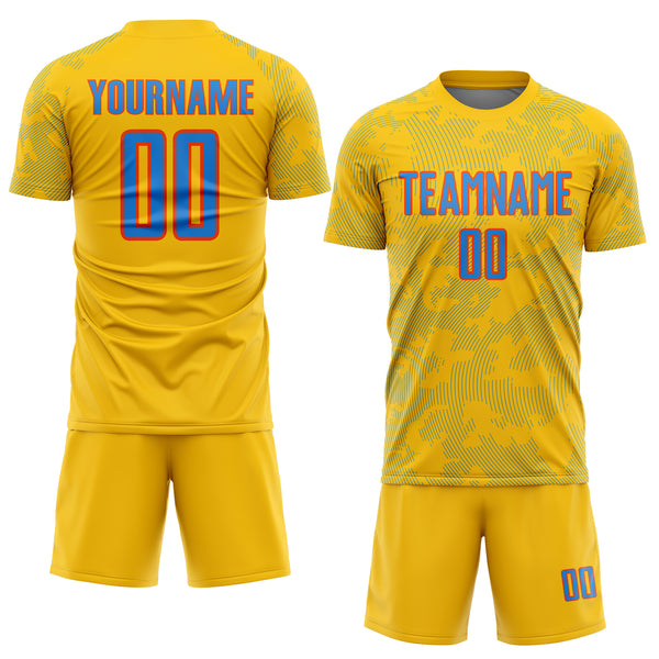 Custom Yellow Powder Blue-Orange Curve Lines Sublimation Soccer Uniform Jersey