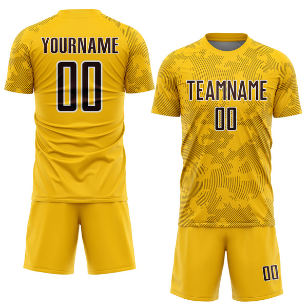 Custom Yellow Brown-White Curve Lines Sublimation Soccer Uniform Jersey