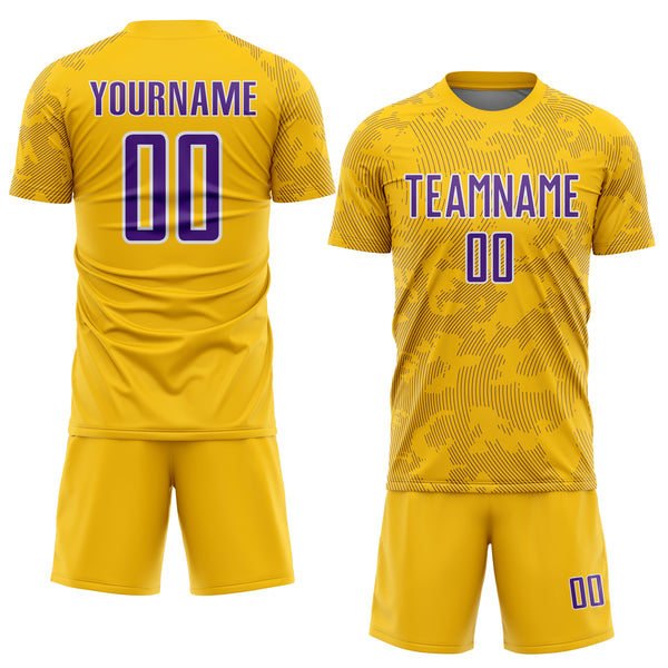 Custom Yellow Purple-White Curve Lines Sublimation Soccer Uniform Jersey