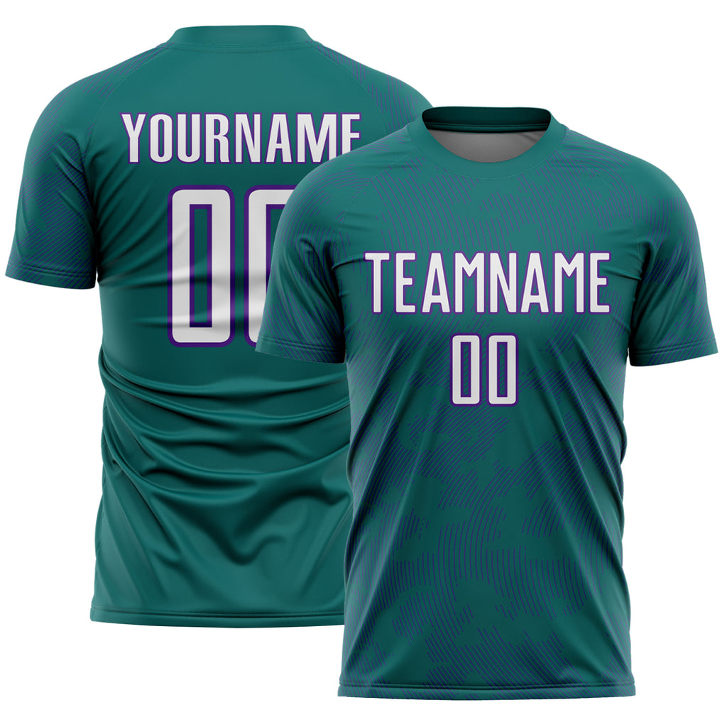 Custom Teal White-Purple Curve Lines Sublimation Soccer Uniform Jersey