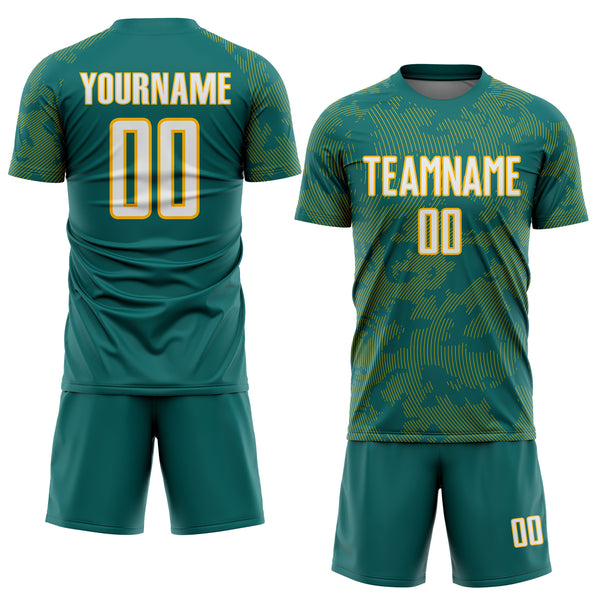Custom Teal White-Gold Curve Lines Sublimation Soccer Uniform Jersey