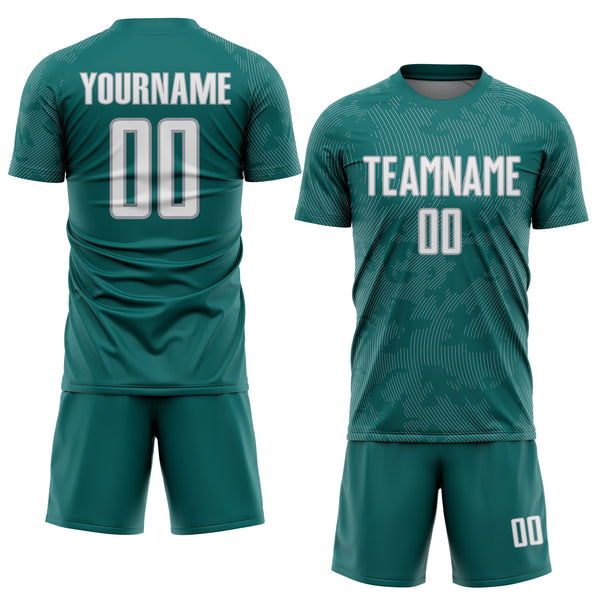 Custom Teal White-Gray Curve Lines Sublimation Soccer Uniform Jersey