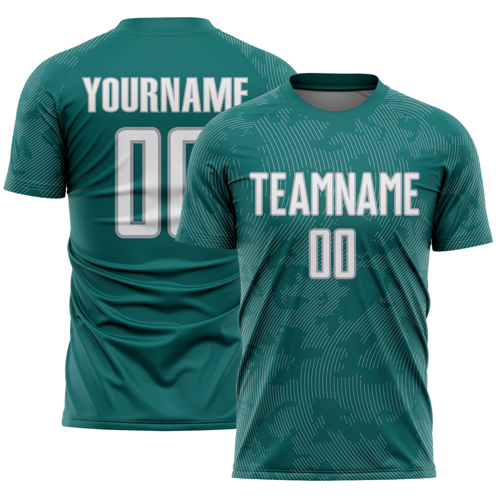Custom Teal White-Gray Curve Lines Sublimation Soccer Uniform Jersey