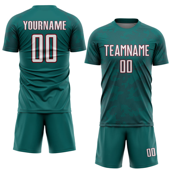 Custom Teal White-Crimson Curve Lines Sublimation Soccer Uniform Jersey