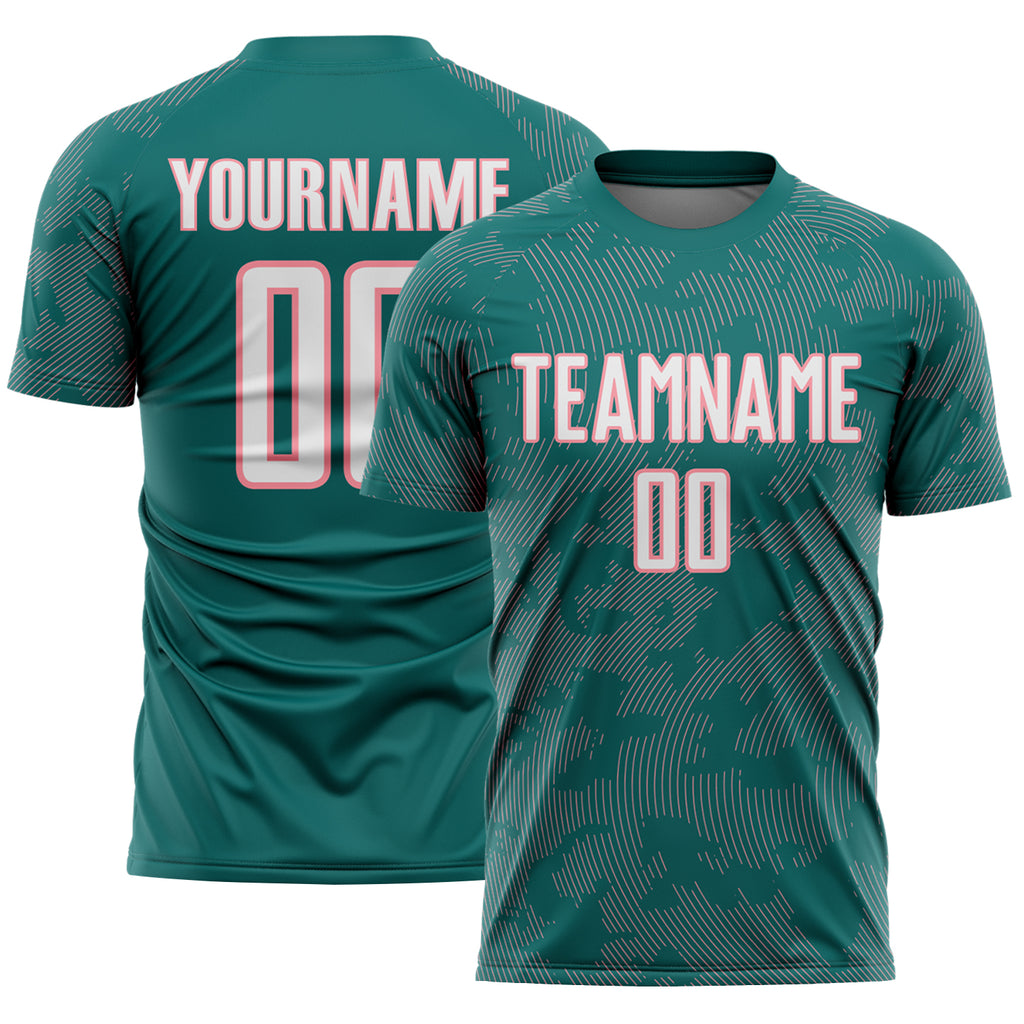 Custom Teal White-Medium Pink Curve Lines Sublimation Soccer Uniform Jersey