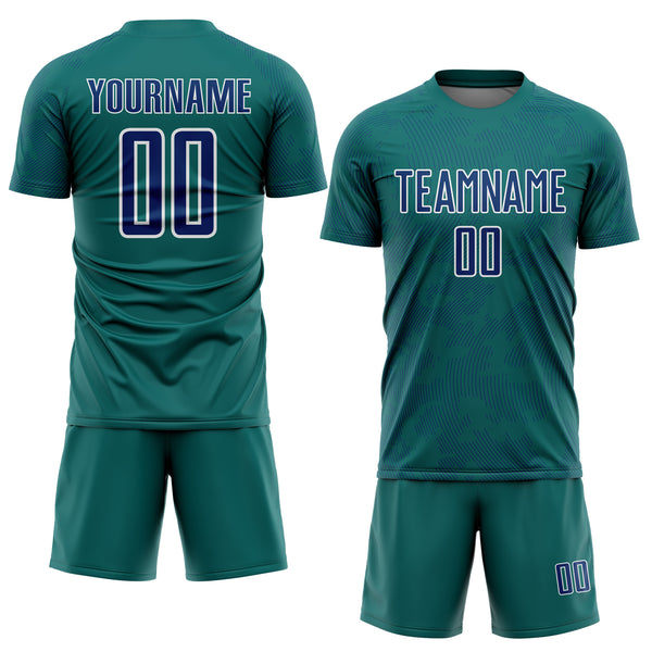Custom Teal US Navy Blue-White Curve Lines Sublimation Soccer Uniform Jersey