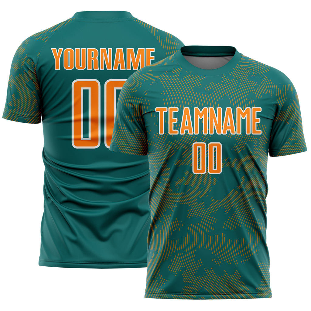Custom Teal Bay Orange-White Curve Lines Sublimation Soccer Uniform Jersey