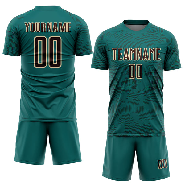 Custom Teal Brown-Cream Curve Lines Sublimation Soccer Uniform Jersey