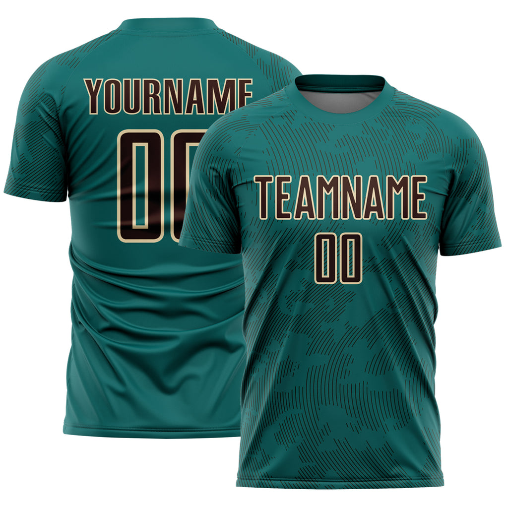Custom Teal Brown-Cream Curve Lines Sublimation Soccer Uniform Jersey