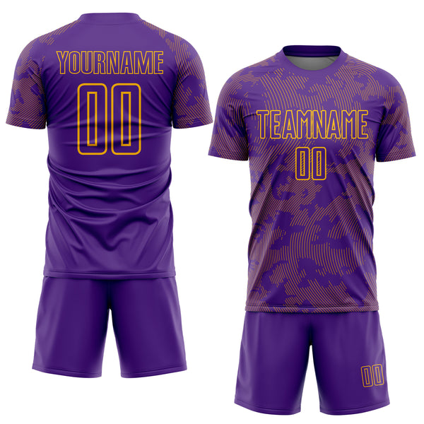 Custom Purple-Gold Curve Lines Sublimation Soccer Uniform Jersey