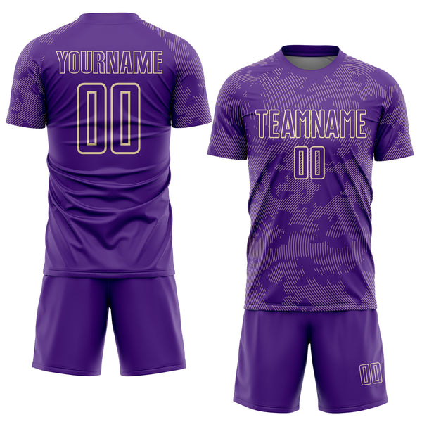 Custom Purple-Cream Curve Lines Sublimation Soccer Uniform Jersey