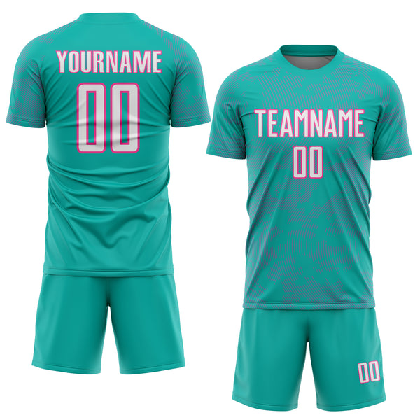 Custom Aqua White-Pink Curve Lines Sublimation Soccer Uniform Jersey