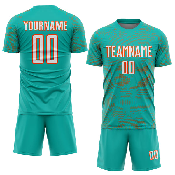 Custom Aqua White-Orange Curve Lines Sublimation Soccer Uniform Jersey