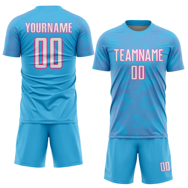 Custom Sky Blue White-Pink Curve Lines Sublimation Soccer Uniform Jersey