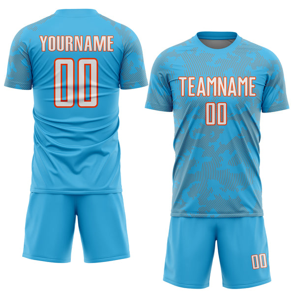 Custom Sky Blue White-Orange Curve Lines Sublimation Soccer Uniform Jersey