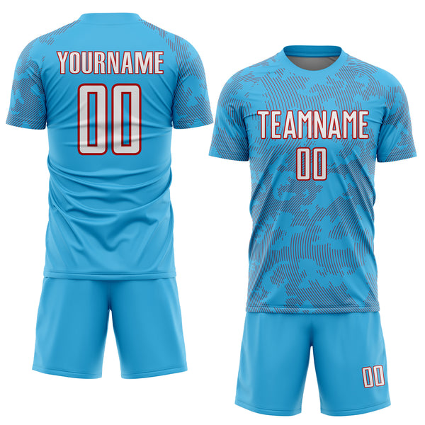 Custom Sky Blue White-Red Curve Lines Sublimation Soccer Uniform Jersey