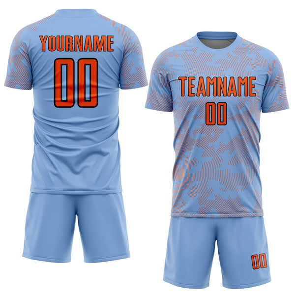 Custom Light Blue Orange-Black Curve Lines Sublimation Soccer Uniform Jersey